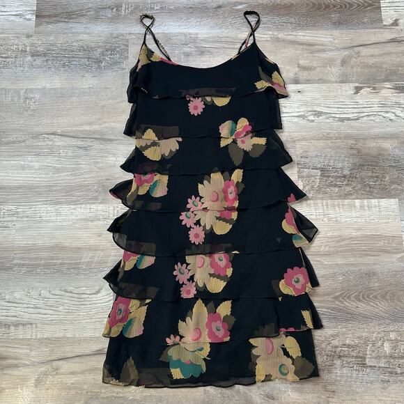 Betsey Johnson Silk Floral Ruffle Slip Dress 6 Black Tiered Boho Fairycore - Picture 1 of 10
